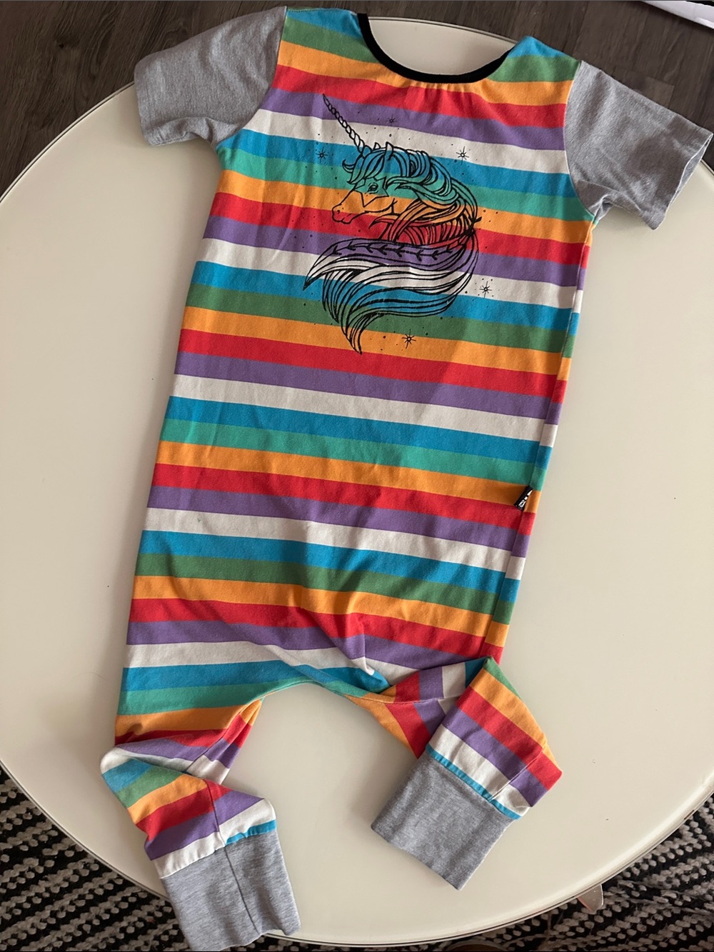 Rags to Raches Rainbow Stripe Unicorn Romper - Gray Accents